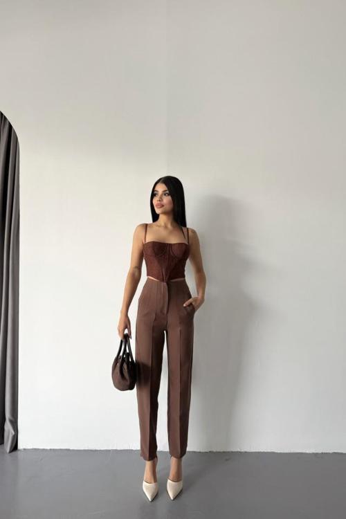 PANTOLON PENSLİ ATLAS KUMAŞ - Kahverengi