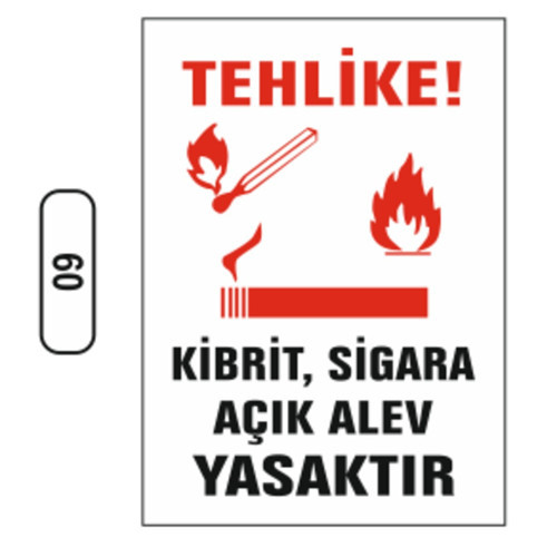 60 Tehli̇ke! Ki̇bri̇t, Si̇gara Ve Açik Aleve İzi̇n Veri̇lmi̇yor PVC Uyarı Levhası 25 x 35 cm