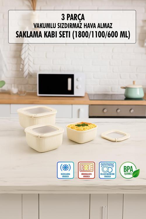 Kare 3 Parça Vakumlu Sızdırmaz Hava Almaz Saklama Kabı Seti Gri (1800/1100/600 Ml)