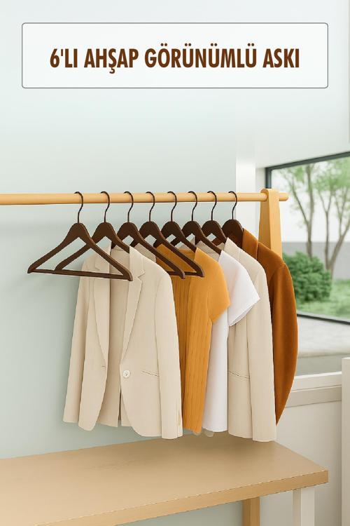 6’lı Ahşap Görünümlü Askı Kahve 44 cm