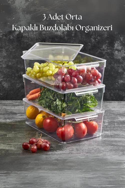 3 Lü Kapaklı Buzdolabı Organizeri & Buzdolabı Düzenleyici 4,5 lt