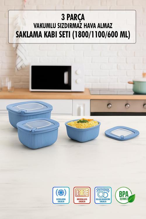 Kare 3 Parça Vakumlu Sızdırmaz Hava Almaz Saklama Kabı Seti Mavi (1800/1100/600 Ml)