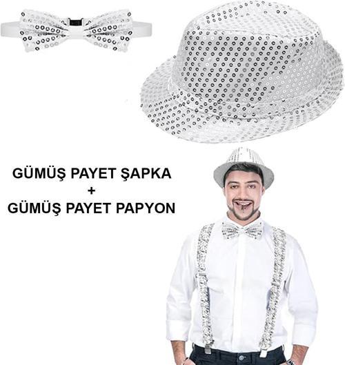 Gümüş Payetli Şapka ve Papyon Seti – Parıltılı Yetişkin Kostüm Seti