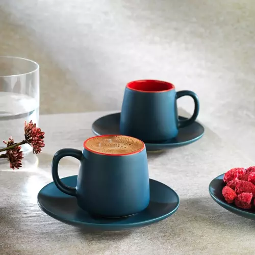 Aurora 2 Kişilik Kahve Fincan Takımı 4 Parça-Lacivert/Kırmızı