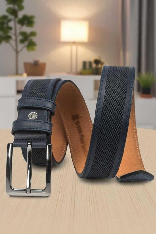 Erkek Lacivert Orjinal Deri Kemer 4 cm Özel Yapım Motifli Hakiki Deri Spor Kemer 2502651