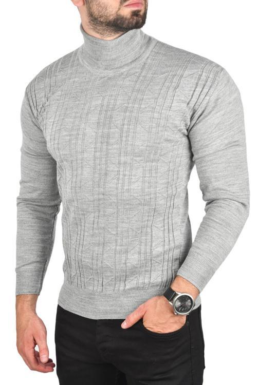Erkek Gri Çizgi Desenli Slim Kesim Tam Balıkçı Yaka Triko Boğazlı Kazak 2505509