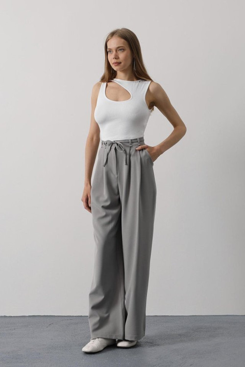 Pileli Bağcıklı Oversize Pantolon - Gri