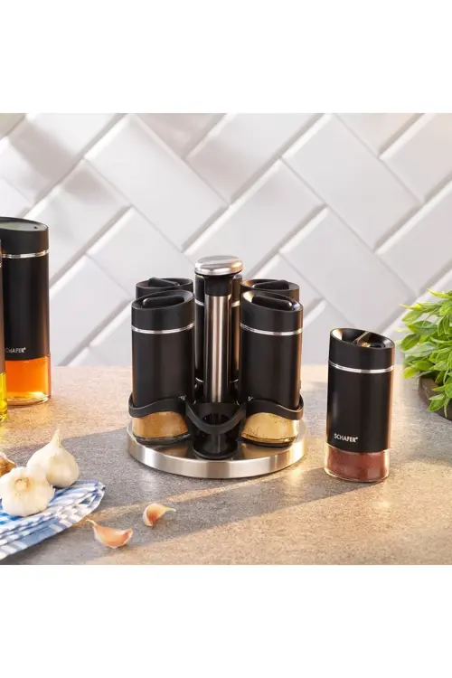 Silver Touch Döner Standlı Baharat Takımı 7 Parça Siyah