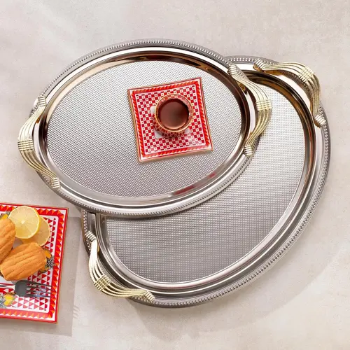 Ela 2 li Oval Çay Tepsisi-Platin01