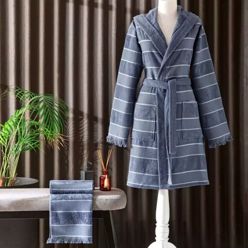 CASUAL PAMUK BORNOZ SET MAVİ L/XL