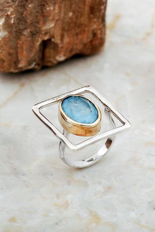 Mavi Paraiba Taşlı Tasarım Kare Gümüş Yüzük 5858