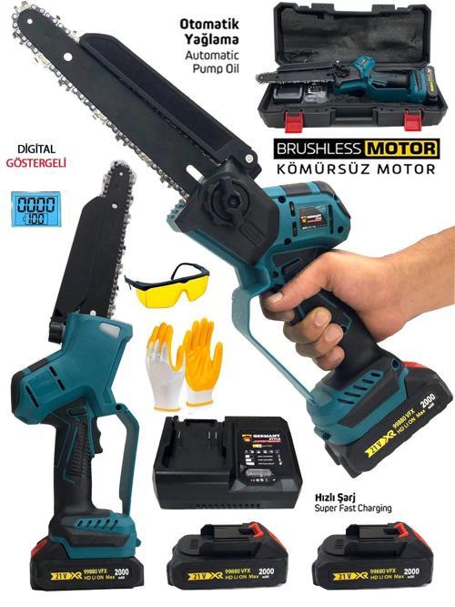 Kömürsüz  24Cm Pala Otomatik Yağlama Dijital Şarjlı Dal Budama Kesme Makinesi Testeres