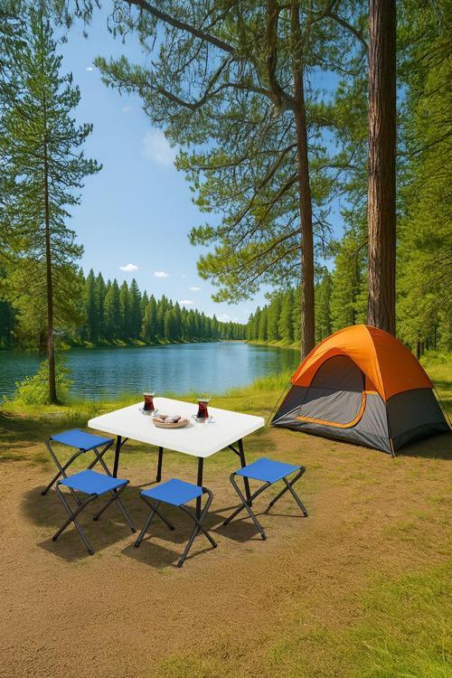 45X60 cm Kamp Sehpası + 4 Adet MAVİ Tabure Piknik, bahçe balkon sehpası Katlanır Sehpa-B-4M