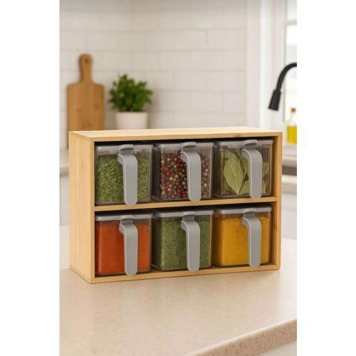Bambu Standlı Bölmeli  Kapaklı Ve Kaşıklı 6 Lı Şeffaf Baharatlık