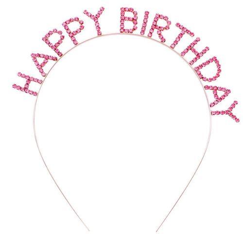 Pembe Kristal Taşlı Gold Happy Birthday Taçı