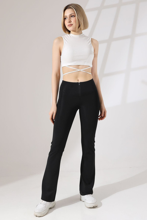 Siyah Kadın Fermuarlı İspanyol Paça Spor Tayt Sıkılaştırıcı Toparlayıcı Sporcu Bootcut Leggings