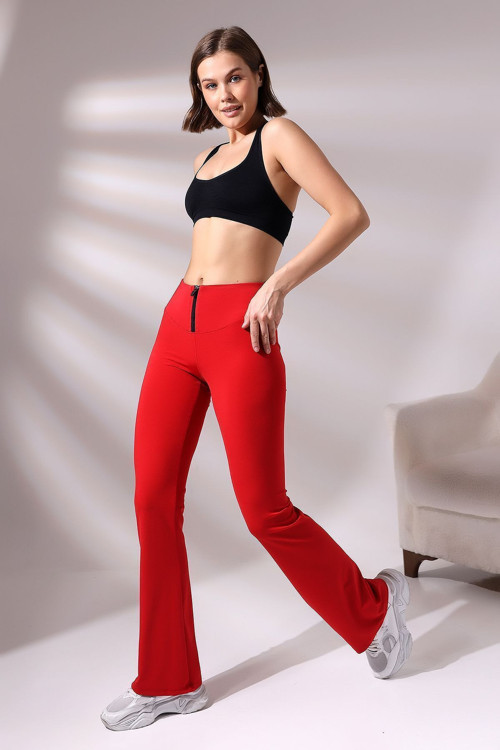 Kırmızı Kadın Fermuarlı İspanyol Paça Spor Tayt Sıkılaştırıcı Toparlayıcı Sporcu Bootcut Leggings