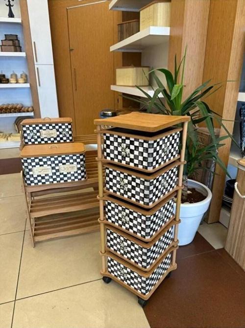 Ahşap Kare Sebzelik 5 Katlı Yana Açılır Damalı Patates Soğan Tekerlekli Sebzelik