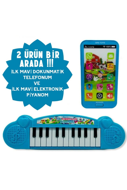 Türkçe Müzikli Hayvan Sesli Dokunmatik Telefon Mavi Ve Piyano 22 Tuşlu Sesli Ilk Elektronik Piyano