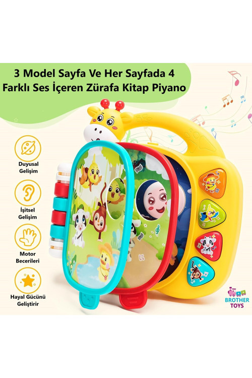 Sayfa Değişince Müziği Değişebilen Eğitici Hayvan Sesli Işıklı Bebek Ve Çocuk Zürafa Piyano 17 Cm.