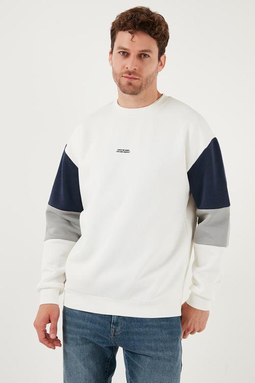 Pamuklu Relaxed Fit Bisiklet Yaka Şardonlu Renk Bloklu Erkek Sweat 5905298T EKRU