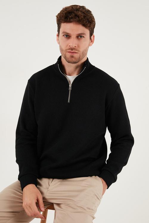 Pamuklu Relaxed Fit Yarım Fermuarlı Sıfır Yaka Örme Erkek Sweat 5901076 SİYAH