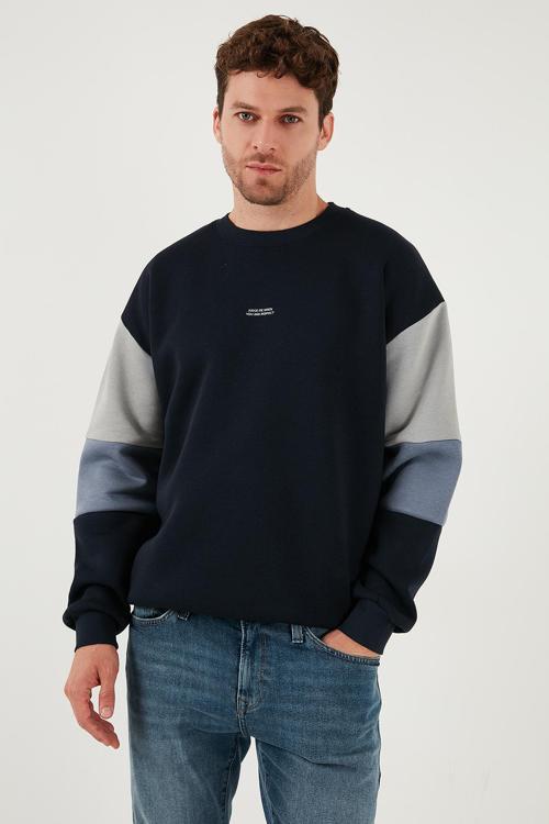 Pamuklu Relaxed Fit Bisiklet Yaka Şardonlu Renk Bloklu Erkek Sweat 5905298T KOYU LACİVERT