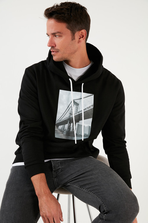Slim Fit Kapüşonlu Kanguru Cepli İçi Tüylü Şardonlu Erkek Sweat 568R702 SİYAH