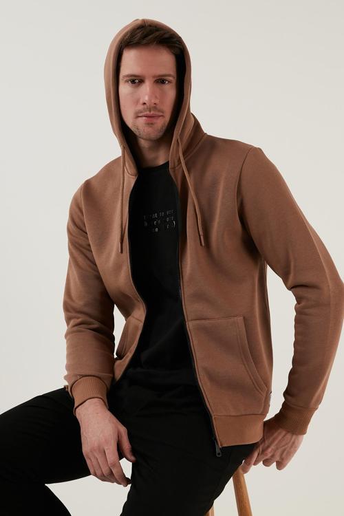 Regular Fit Kapüşonlu Fermuarlı İçi Tüylü Yumuşak Şardonlu Kışlık Erkek Sweat 5905340 SÜTLÜ KAHVE