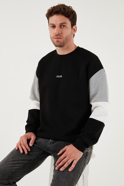 Pamuklu Relaxed Fit Bisiklet Yaka Şardonlu Renk Bloklu Erkek Sweat 5905298T SİYAH
