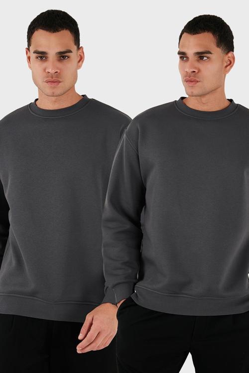 Okul Kıyafeti Regular Fit Bisiklet Yaka Şardonlu 2'li Paket Erkek Sweat 5905255S2 Antrasit-Antrasit