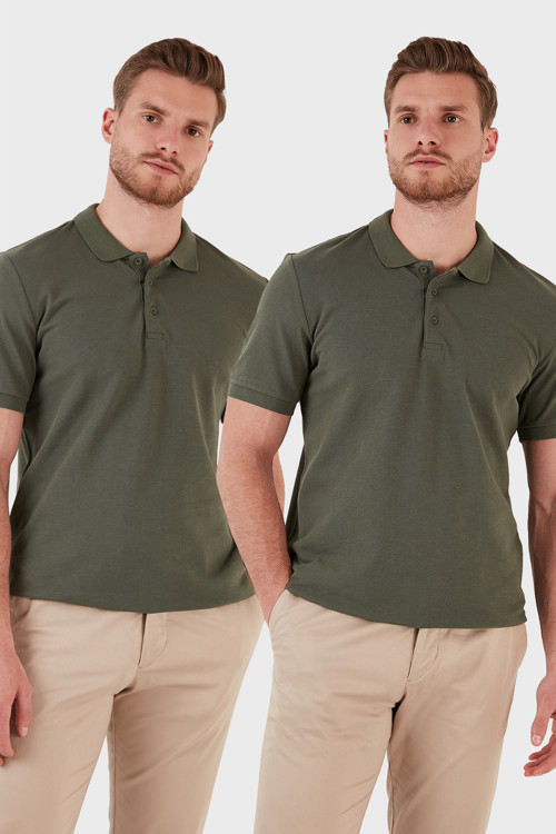 Okul Kıyafeti Pamuk Regular Fit Düğmeli 2'li Paket Erkek Polo Yaka T Shirt 5902127S2 Haki-Haki