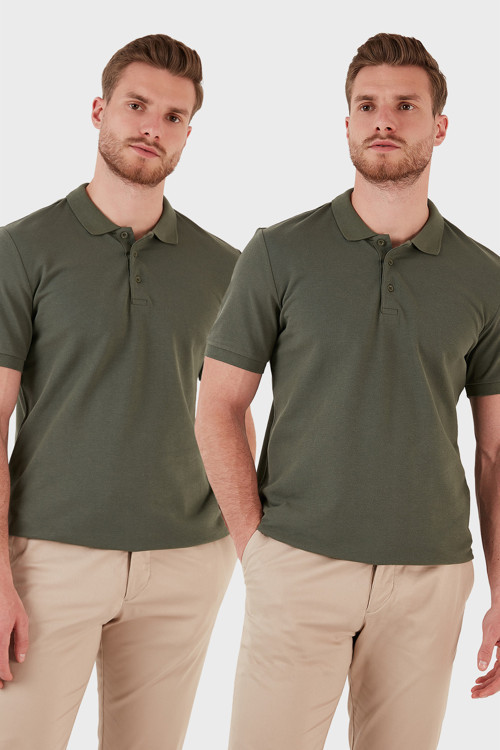 Okul Kıyafeti Pamuk Regular Fit Düğmeli 2'li Paket Erkek Polo Yaka T Shirt 5902127S2 Haki-Haki