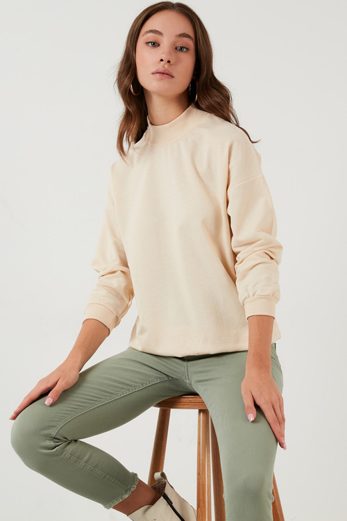 Pamuklu Dik Yaka Basic Örme Bayan Sweat 5863323 TAŞ