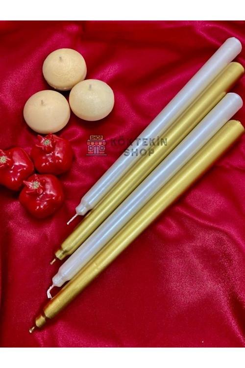 Gold Beyaz Renk Sedefli Kokulu Konik Şamdan Mum - 4'Lü Set