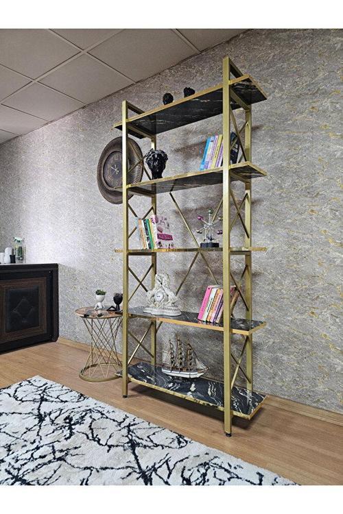 Çıkıntılı Gold Boyalı Kitaplık - 5 Raflı Suntalem Lüks Kitaplık Luand Gold Cumba