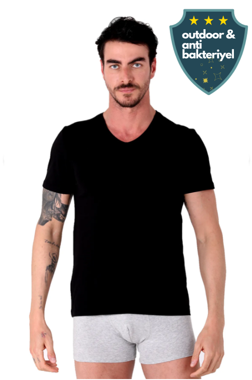 %92 Pamuk V‑Yaka Outdoor T-Shirt  – Rahat Kesim, Antibakteriyel Kumaş SİYAH
