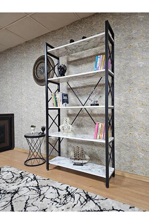 Siyah Boyalı Kitaplık - 5 Raflı Suntalem Lüks Kitaplık Beyaz Mermer