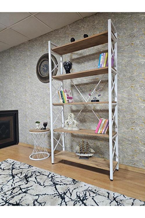 Beyaz Boyalı Kitaplık - 5 Raflı Suntalem Lüks Kitaplık Atlas Çam