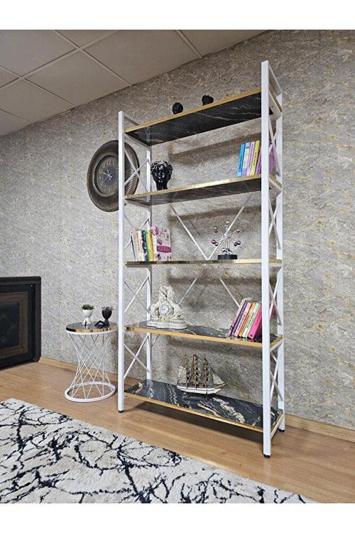Beyaz Boyalı Kitaplık - 5 Raflı Suntalem Lüks Kitaplık Luanda Gold Cumbalı