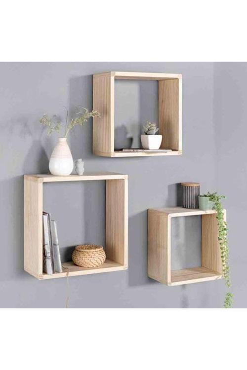 Doğal Ahşap Çok Amaçlı Raf, Kitaplık, Mutfak Dolabı,Baharatlık,Banyo Rafı 3'Lü Set