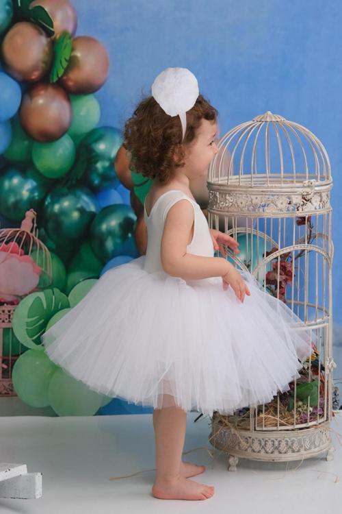 Beyaz Balerin Model Kız Çocuk Tütü Elbise, Pon Pon Bandana Takımı - Çocuk Abiye Elbise 1 Yaş Beyaz