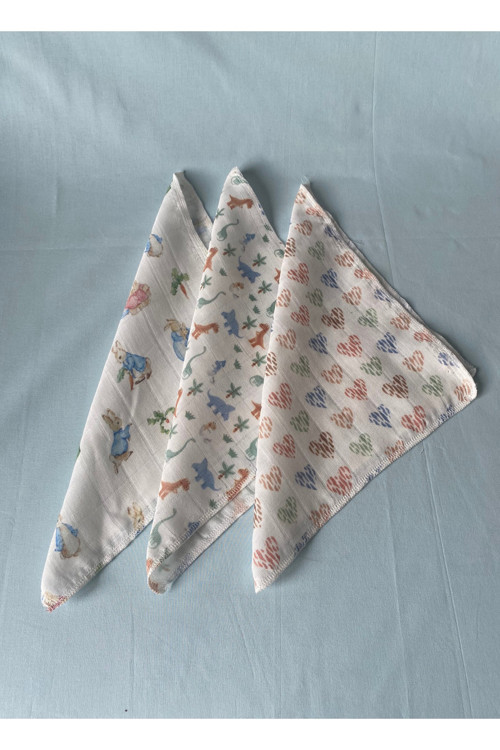 Desenli %100 Pamuk Müslin Bebek Ağız Mendili – 3'Lü Set (25*25 Cm)
