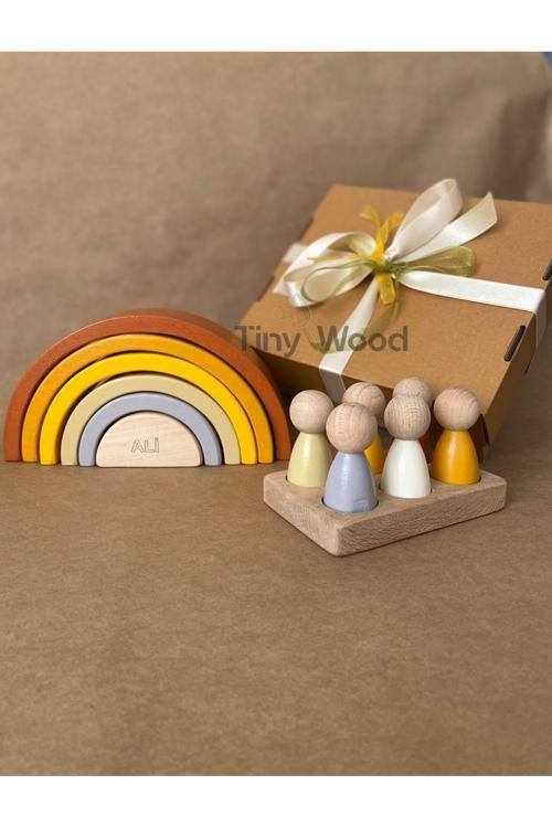 İsme Özel Waldorf 6 Parçalı Gökkuşağı Ve 6’Lı Peg Bebek Tabla Seti – Eğitici Ahşap Oyuncak