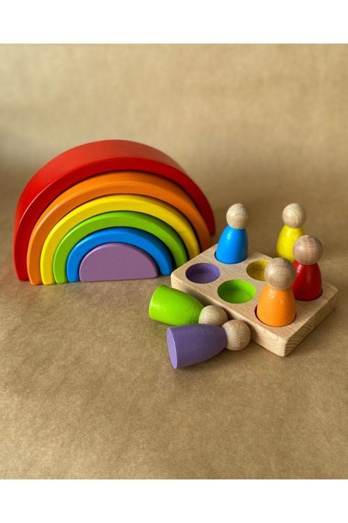 Waldorf 6 Parçalı Gökkuşağı 6 Lı Peg Bebek Tabla Seti Pastel Renk Eşleştirme