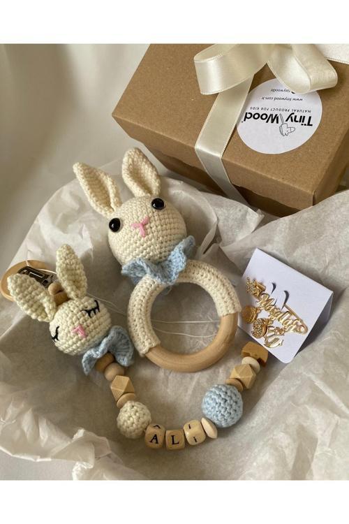 Hoşgeldin Bebek Hediyelik, Erkek, Yenidoğan Bebek Isimli Emzik Askısı Hediye Seti, Diş Kaşıyıcı