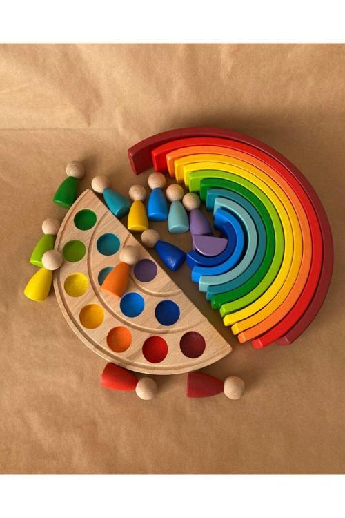 1 Yaş 12'Li Waldorf Gökkuşağı Peg Bebek Tabla Seti, Gökkuşağı 12 Li Renk Eşleştirme Ahşap Oyuncak