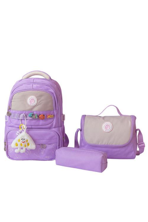 Kız Çocuk İlköğretim Çantası Ultra Hafif İlkokul / Ortaokul Okul 3 Lü Çanta Seti Pembe-Lila -Gri