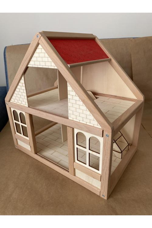 Ahşap Oyun Evi Doğal Ahşap Montessori Oyun Evi Kırmızı Çatılı Ev