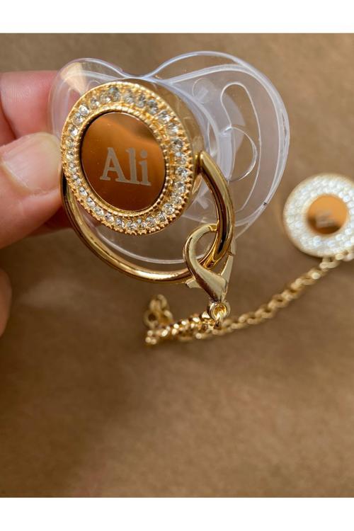 İsme Özel Altın Kaplama Zirkon Taşlı Bebek Emzik Seti (0-6 Ay) | Silikon & Damaklı Şeffaf